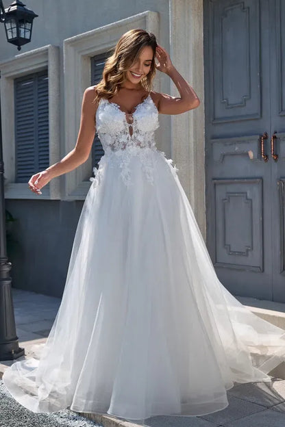 Glamorous Red Applique A-Line V-Neck Sleeveless Open-Back Floor-Length Wedding Dress
