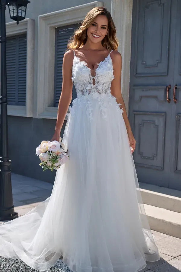 Plunging V-Neck Spaghetti Straps 3D Flowers V Back Floor-Length Wedding Dress Appliques