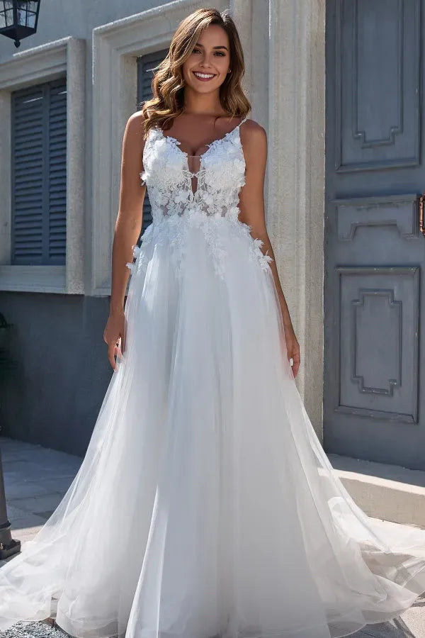 Plunging V-Neck Spaghetti Straps 3D Flowers V Back Floor-Length Wedding Dress Appliques