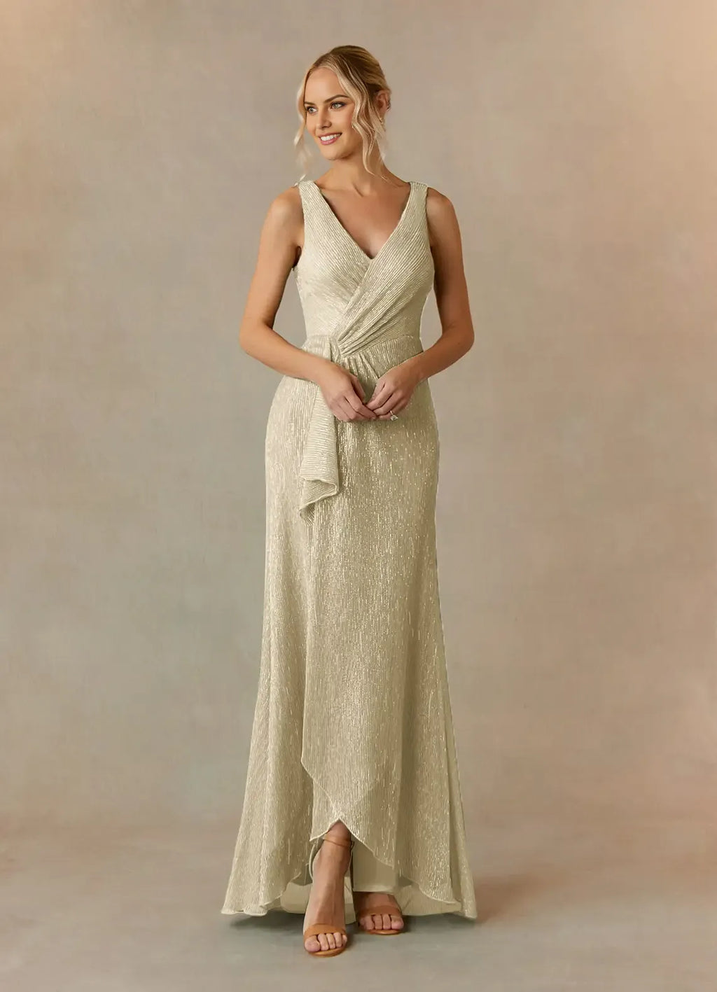 Plus Size V-Neck Sleeveless Ruffled Metallic Back Zip Asymmetrical Leg Slit Mother of the Bride Dress