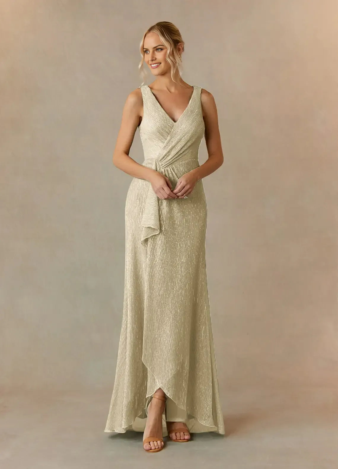 Plus Size V-Neck Sleeveless Ruffled Metallic Back Zip Asymmetrical Leg Slit Mother of the Bride Dress