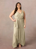Plus Size V-Neck Sleeveless Ruffled Metallic Back Zip Asymmetrical Leg Slit Mother of the Bride Dress