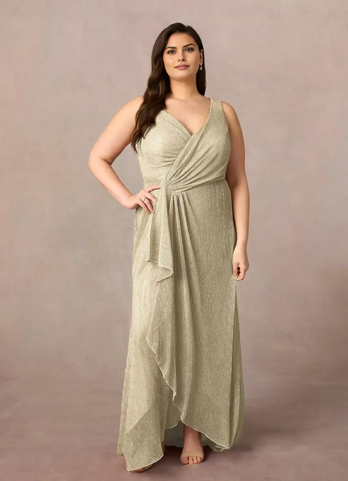 Plus Size V-Neck Sleeveless Ruffled Metallic Back Zip Asymmetrical Leg Slit Mother of the Bride Dress