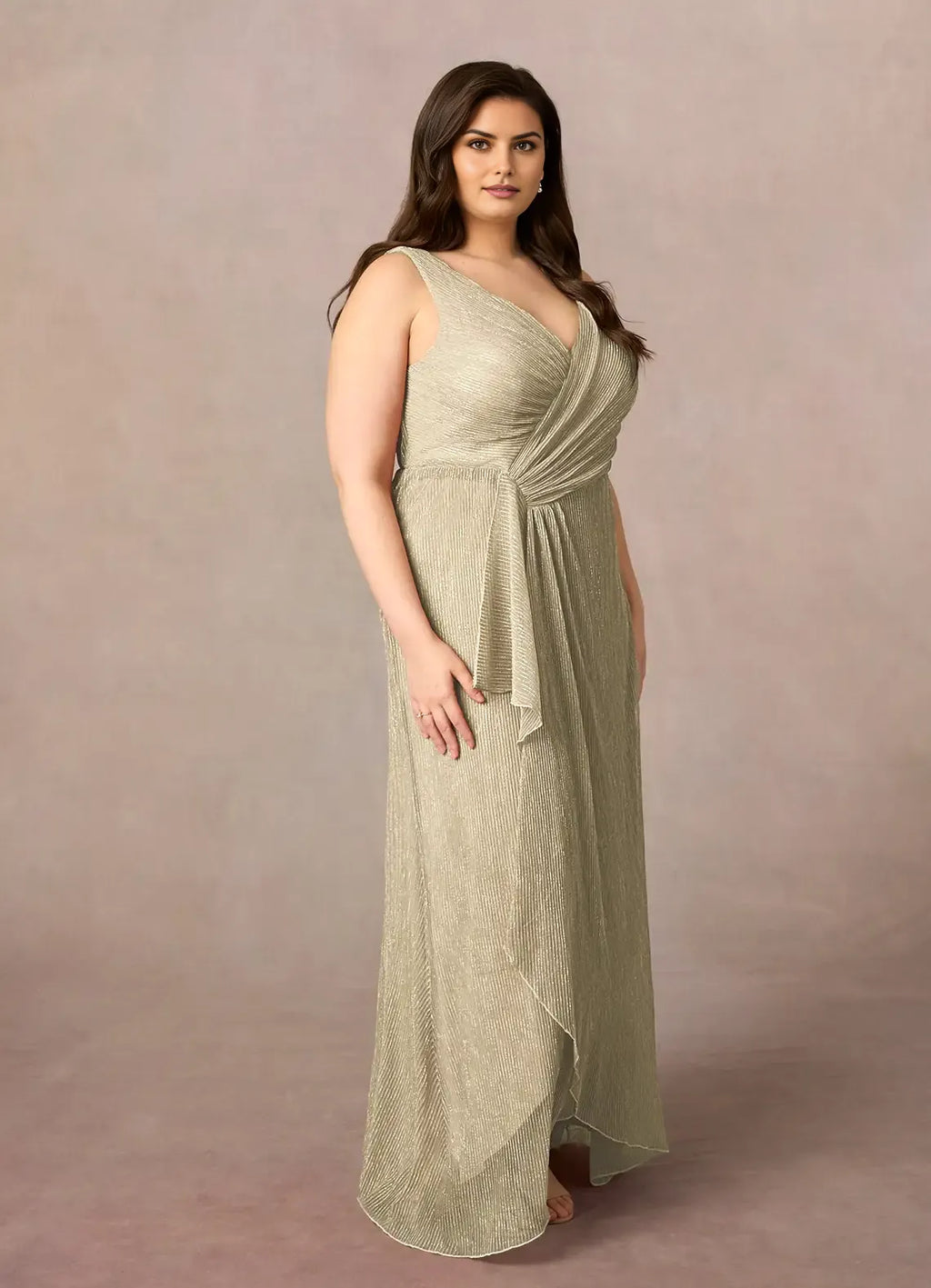 Plus Size V-Neck Sleeveless Ruffled Metallic Back Zip Asymmetrical Leg Slit Mother of the Bride Dress