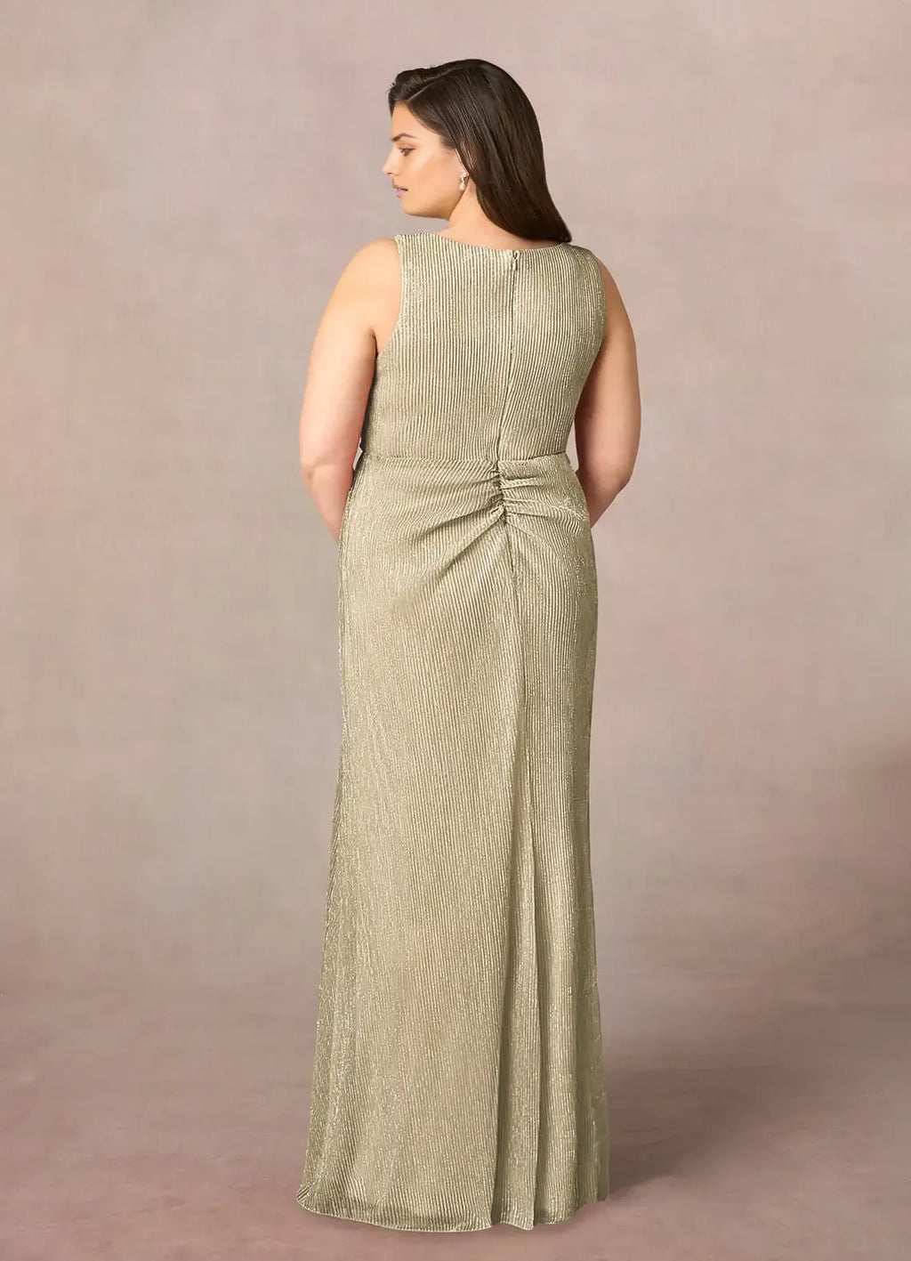 Plus Size V-Neck Sleeveless Ruffled Metallic Back Zip Asymmetrical Leg Slit Mother of the Bride Dress