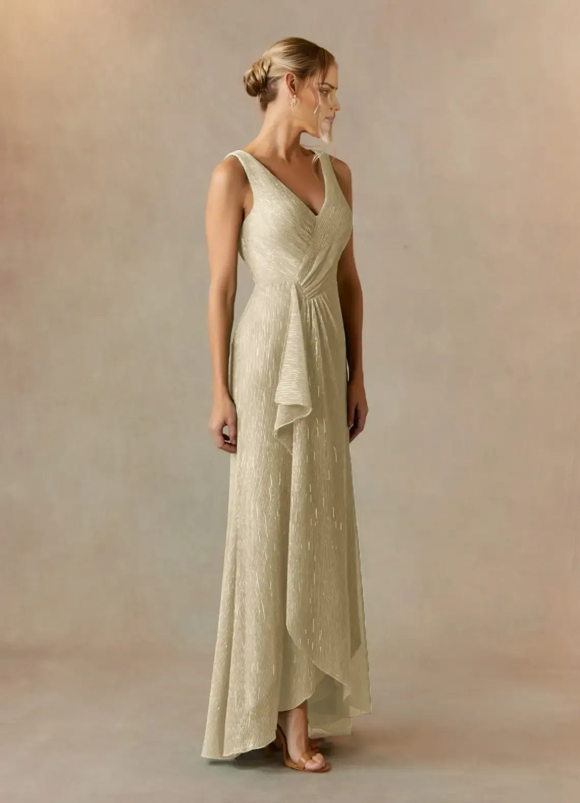 Plus Size V-Neck Sleeveless Ruffled Metallic Back Zip Asymmetrical Leg Slit Mother of the Bride Dress