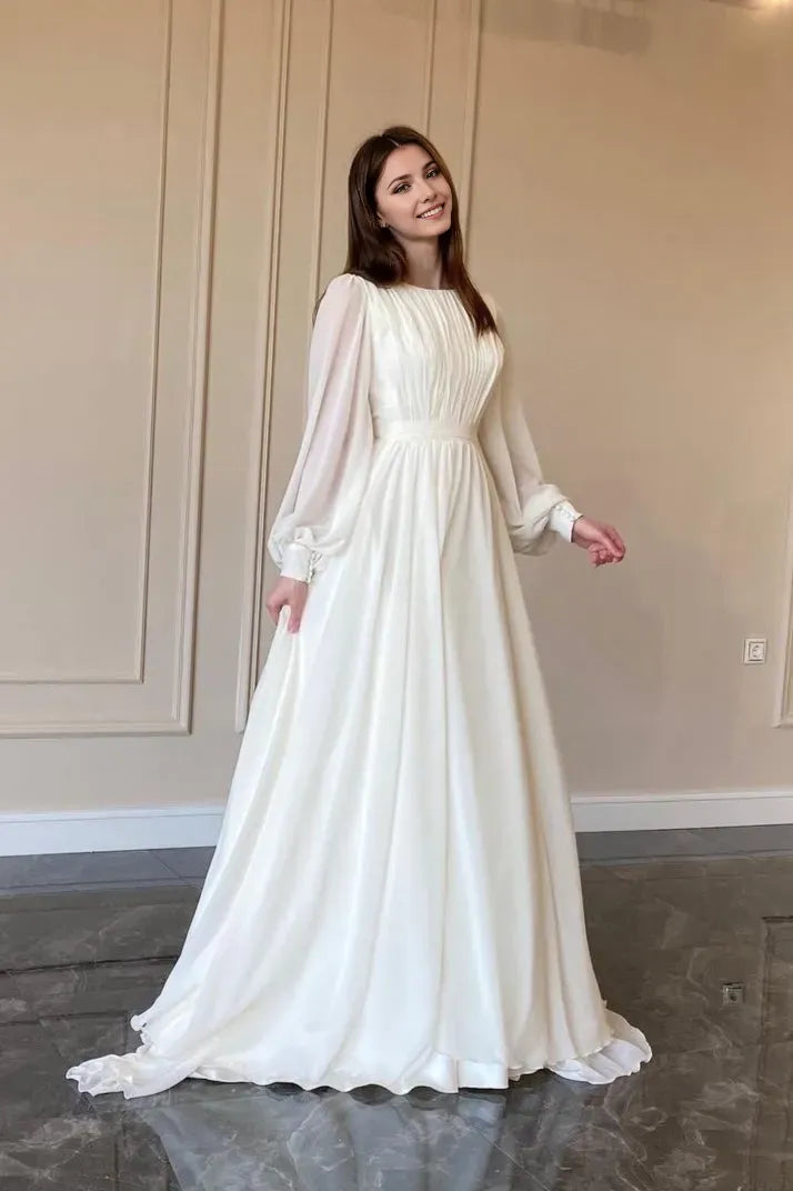 Round Neck Long Sleeve Back Zip Pleated Bodice Floor-Length Prom Dresses