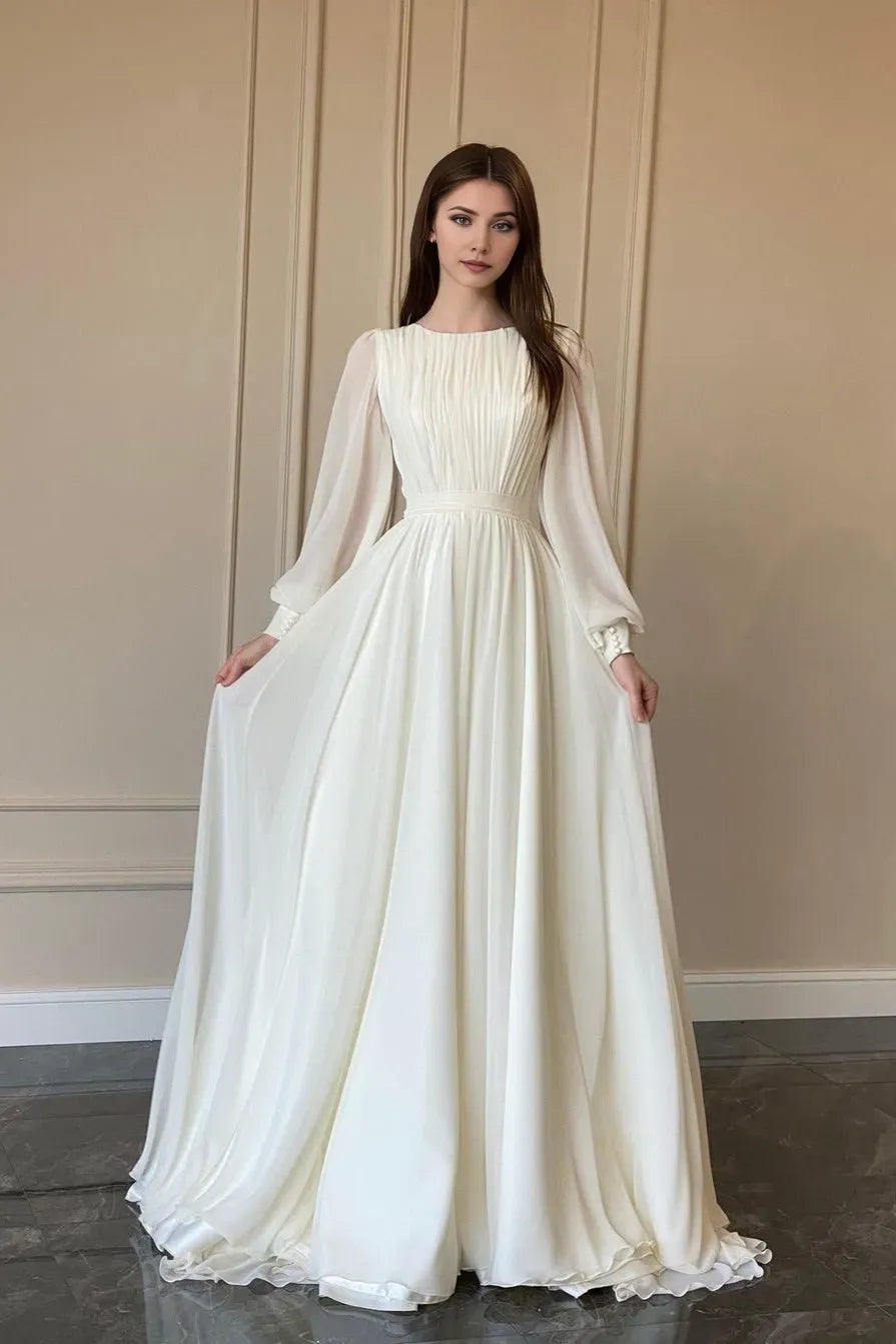Round Neck Long Sleeve Back Zip Pleated Bodice Floor-Length Prom Dresses