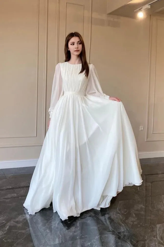 Round Neck Long Sleeve Back Zip Pleated Bodice Floor-Length Prom Dresses