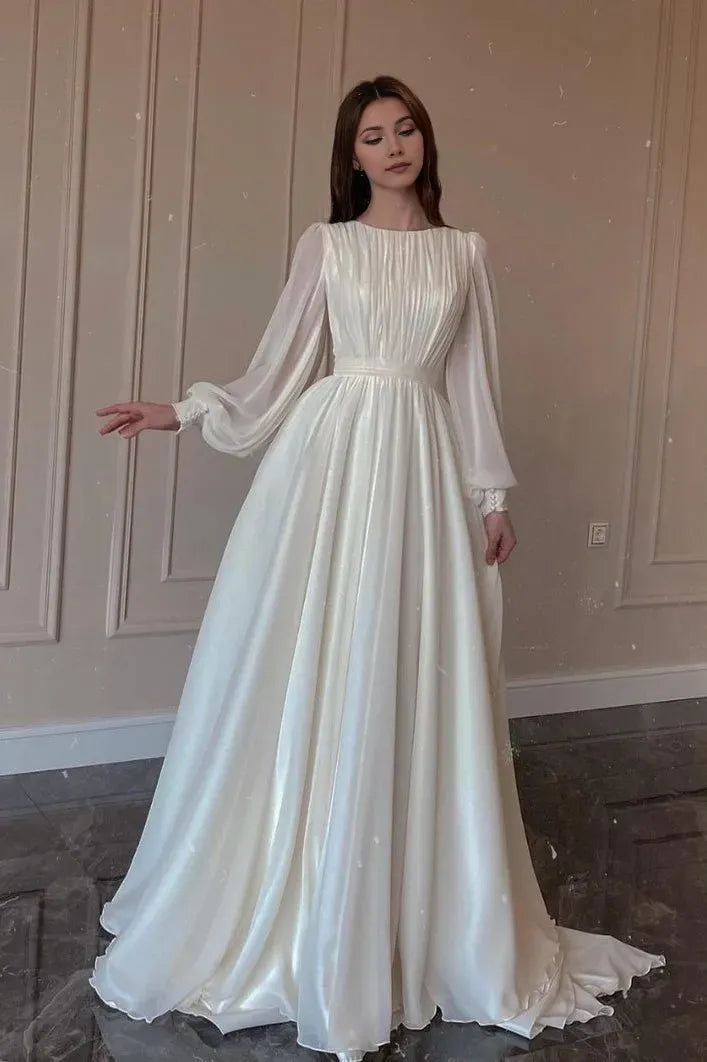 Round Neck Long Sleeve Back Zip Pleated Bodice Floor-Length Prom Dresses