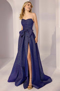 Strapless Sleeveless Back Zip Floor-Length Glitter Prom Dresses with Bow Detail High Slit