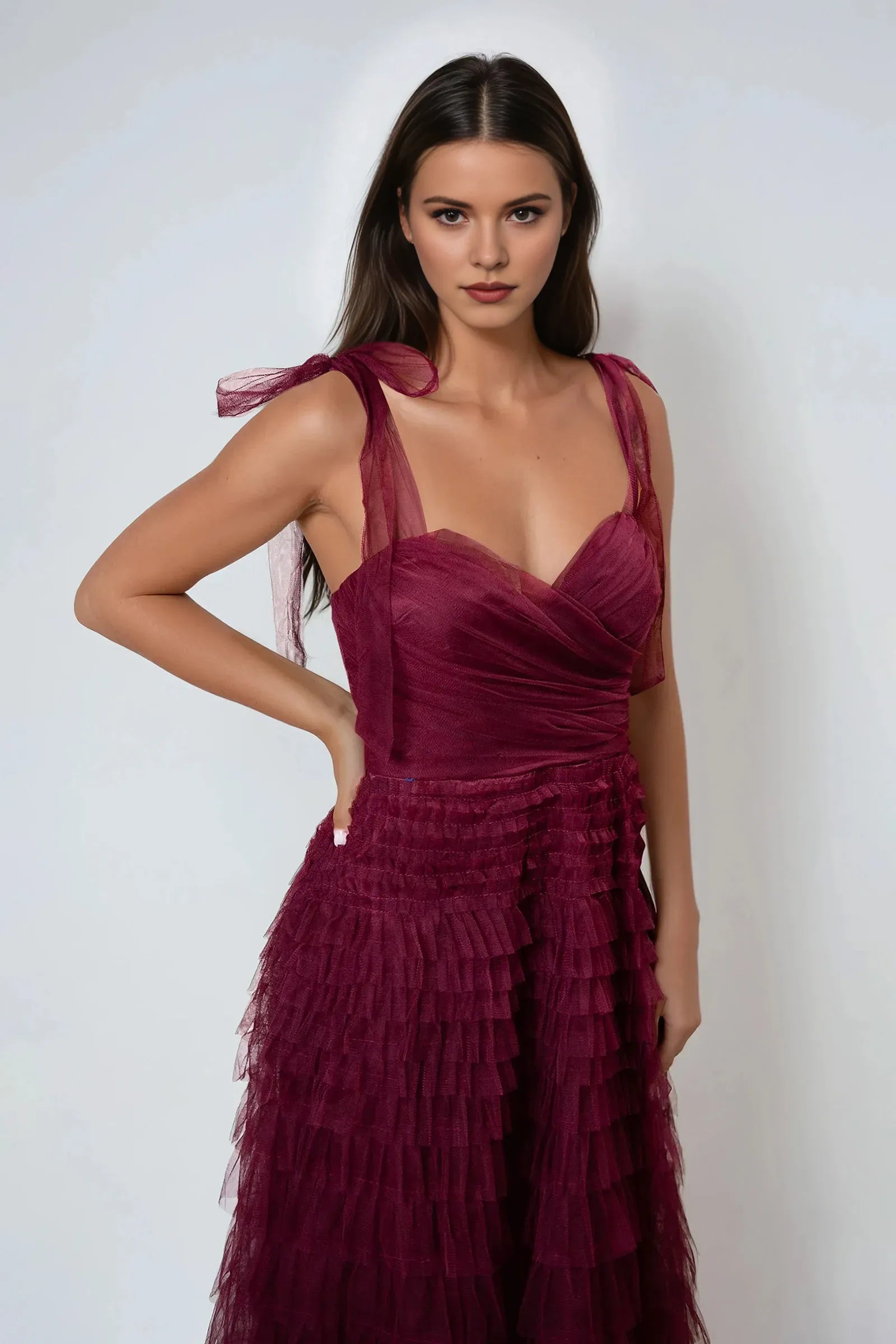 Sweetheart Neck Tie-Shoulder Tiered Ruffled Back Zip Ankle -Length Prom Dresses