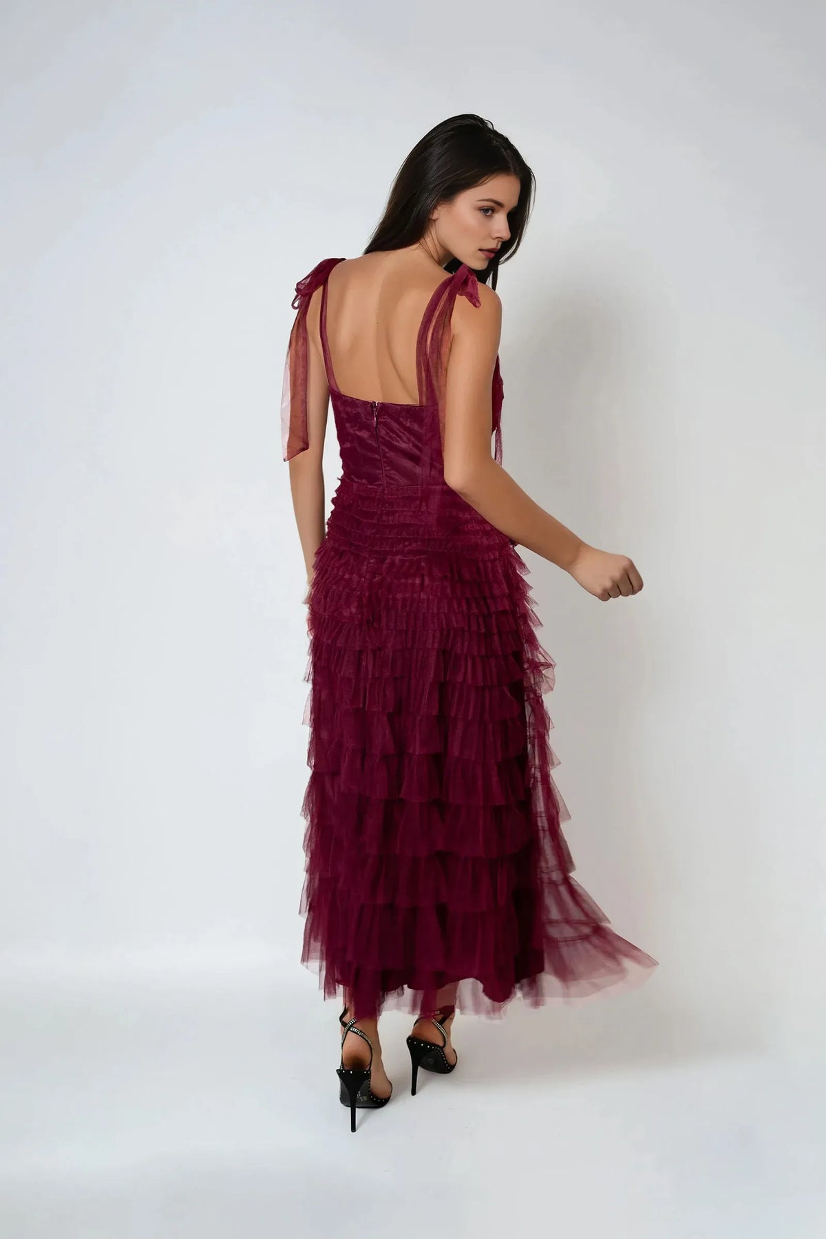 Sweetheart Neck Tie-Shoulder Tiered Ruffled Back Zip Ankle -Length Prom Dresses