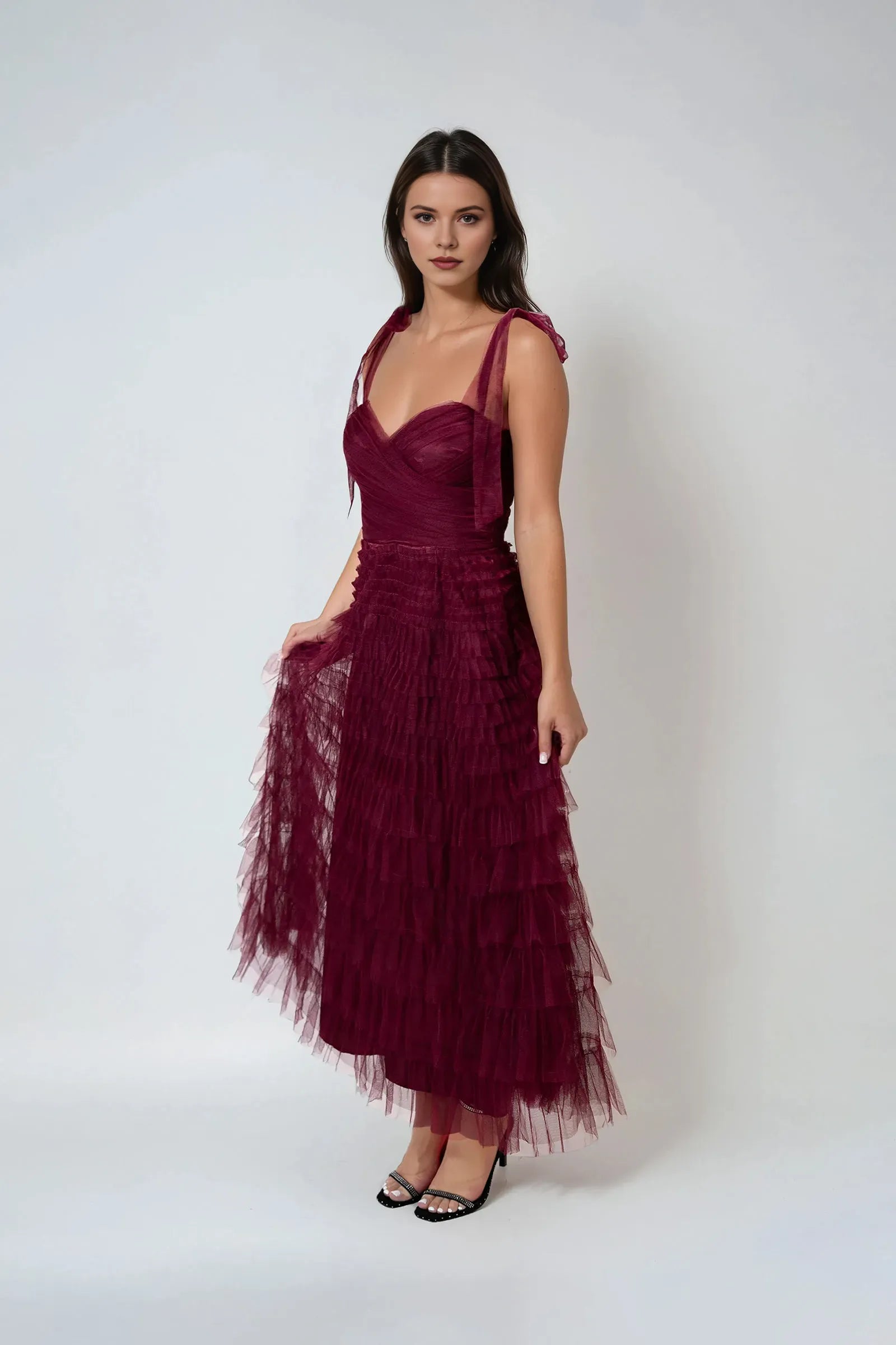 Sweetheart Neck Tie-Shoulder Tiered Ruffled Back Zip Ankle -Length Prom Dresses