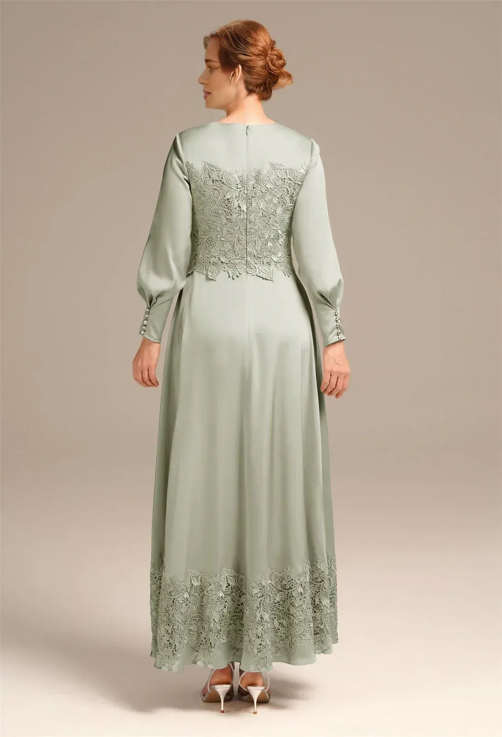 Elegant Sage Green Satin A-Line Long Sleeve Long Mother of the Bride Dress