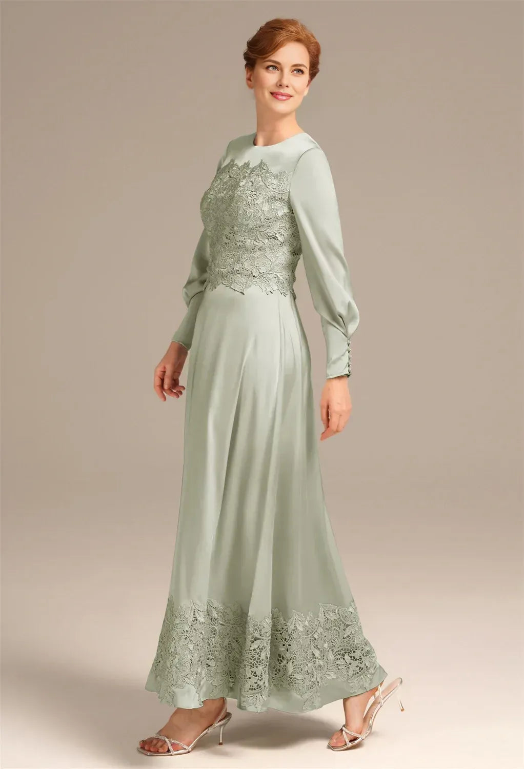 Elegant Sage Green Satin A-Line Long Sleeve Long Mother of the Bride Dress