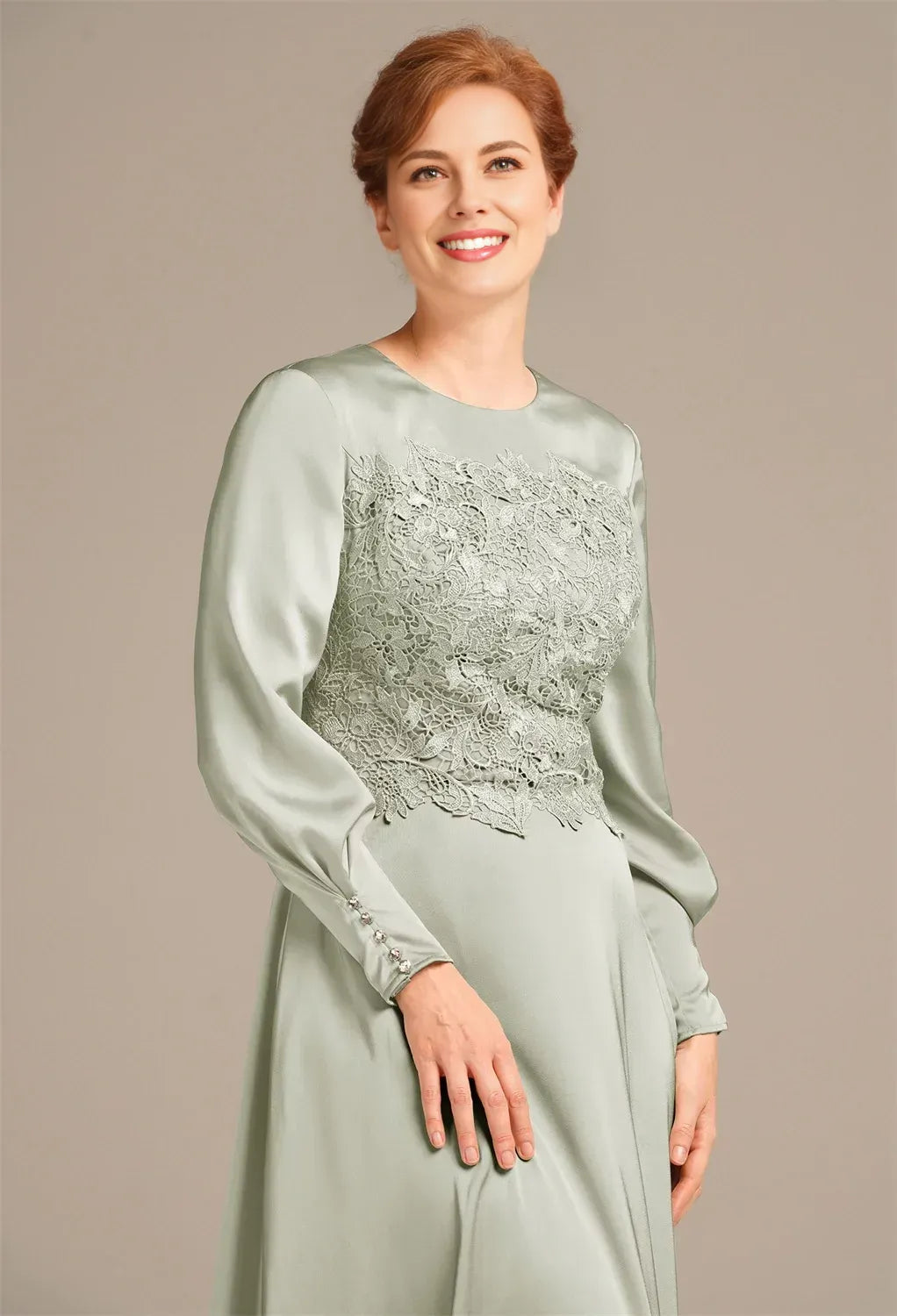 Elegant Sage Green Satin A-Line Long Sleeve Long Mother of the Bride Dress