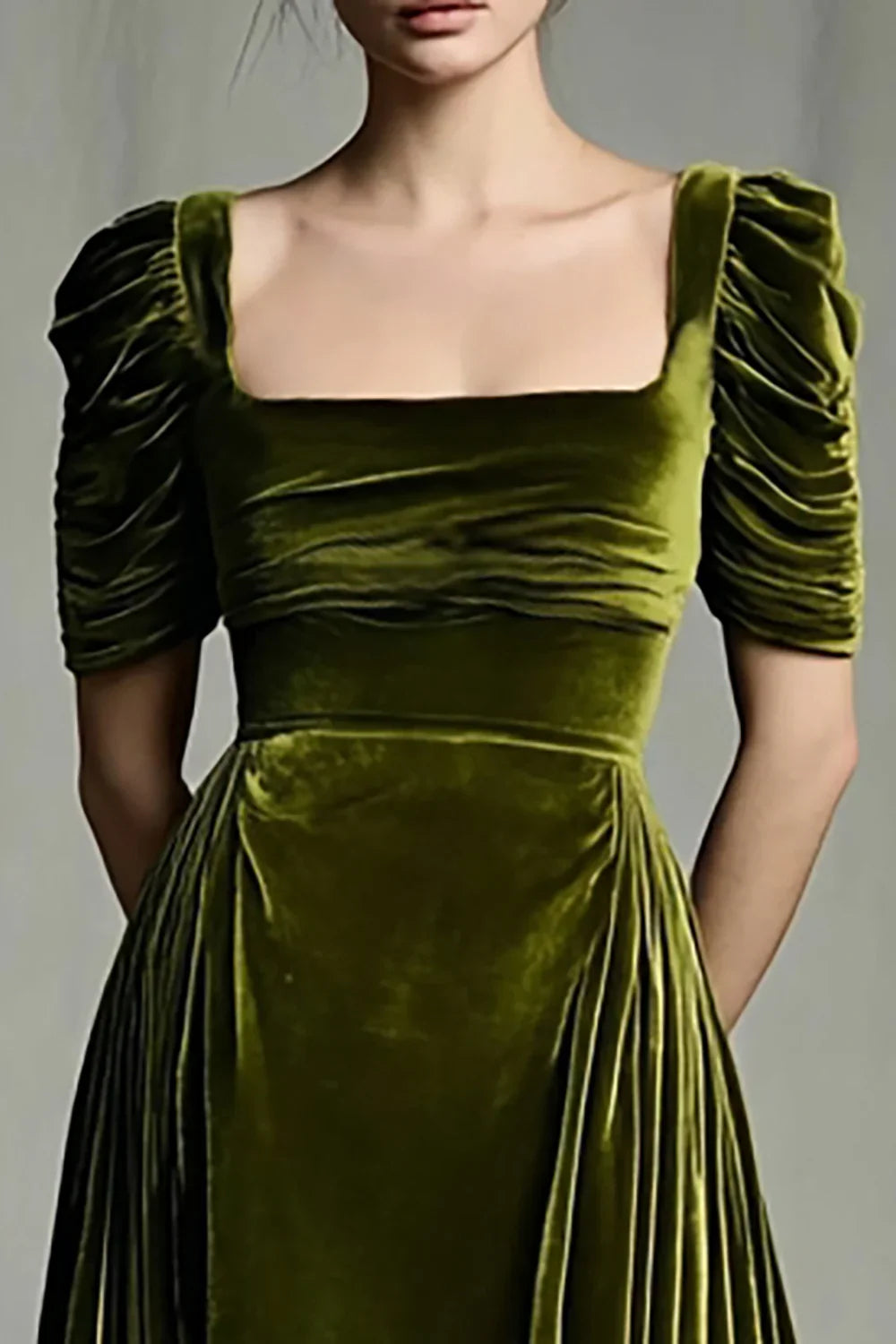 Special Occasion Elegant Gold Velvet Square Neck Short Sleeve Short Prom Dress
