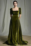 Special Occasion Elegant Gold Velvet Square Neck Short Sleeve Short Prom Dress