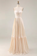 Special Occasion Sophisticated Graceful Elegant Champagne Satin Strapless Sleeveless Floor-Length Prom Dress