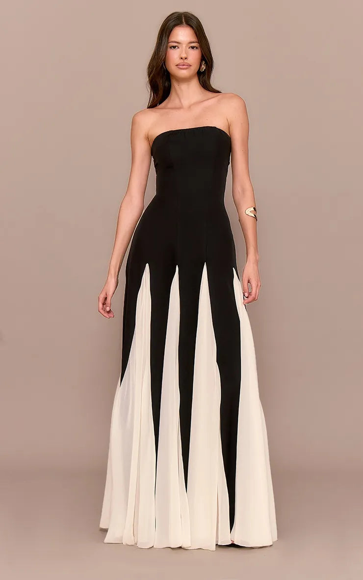 Black A-Line Strapless Sleeveless Pleated Color Block Back Zip Floor-Length Prom Dresses