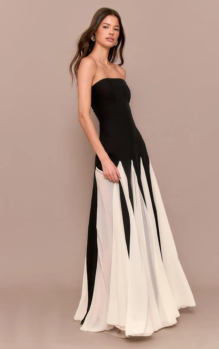 Black A-Line Strapless Sleeveless Pleated Color Block Back Zip Floor-Length Prom Dresses