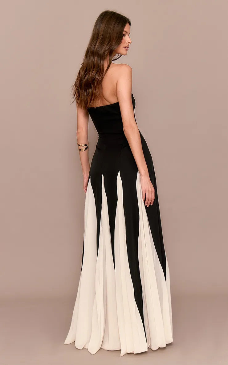 Black A-Line Strapless Sleeveless Pleated Color Block Back Zip Floor-Length Prom Dresses
