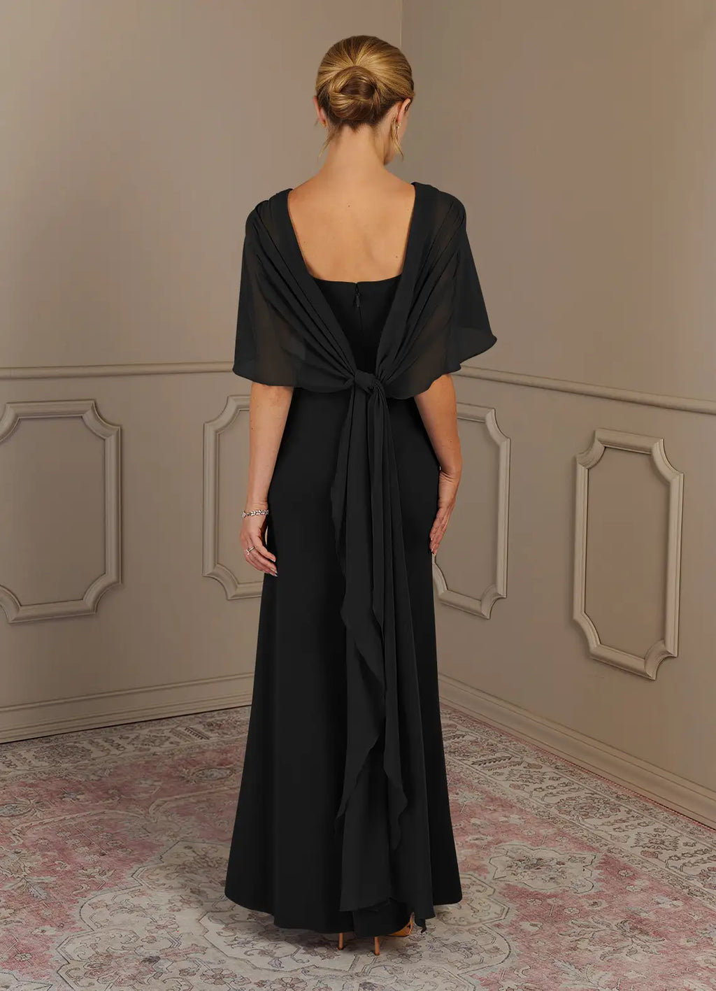 Black Sheath Scoop Neck Cape Sleeve Back Zip Floor-Length Mother of the Bride Dress