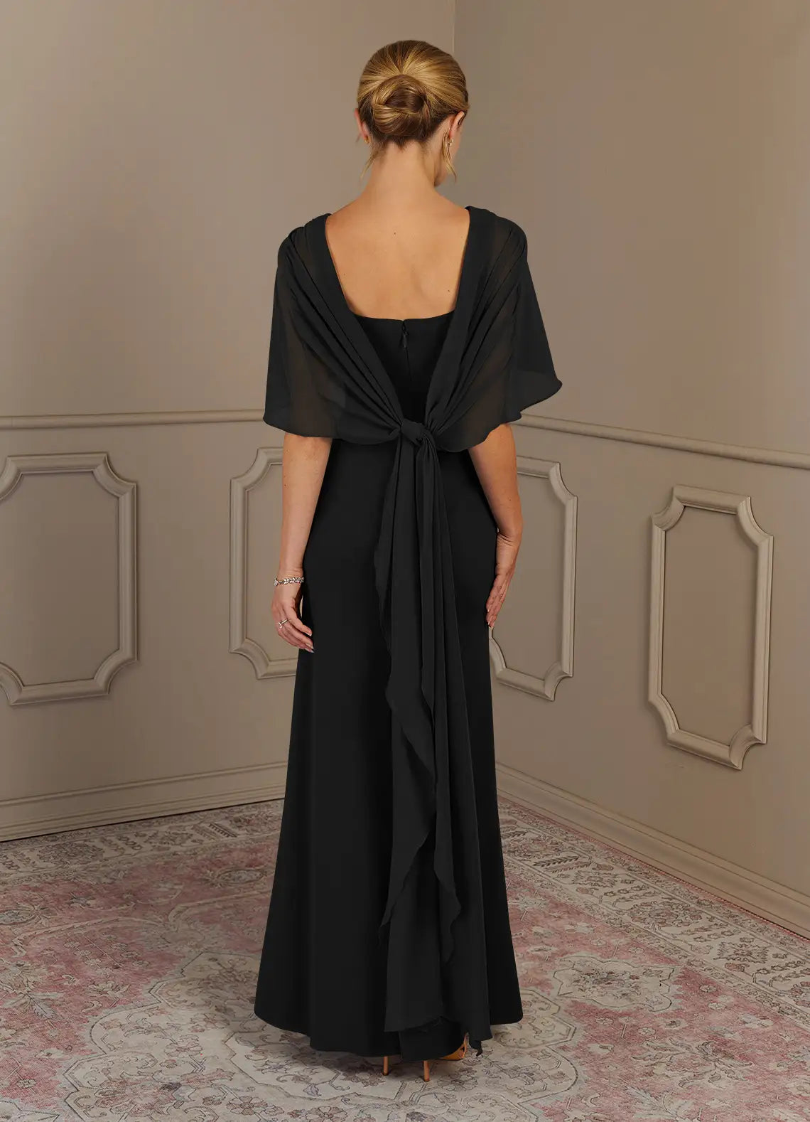 Black Sheath Scoop Neck Cape Sleeve Back Zip Floor-Length Mother of the Bride Dress