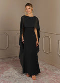 Black Sheath Scoop Neck Cape Sleeve Back Zip Floor-Length Mother of the Bride Dress