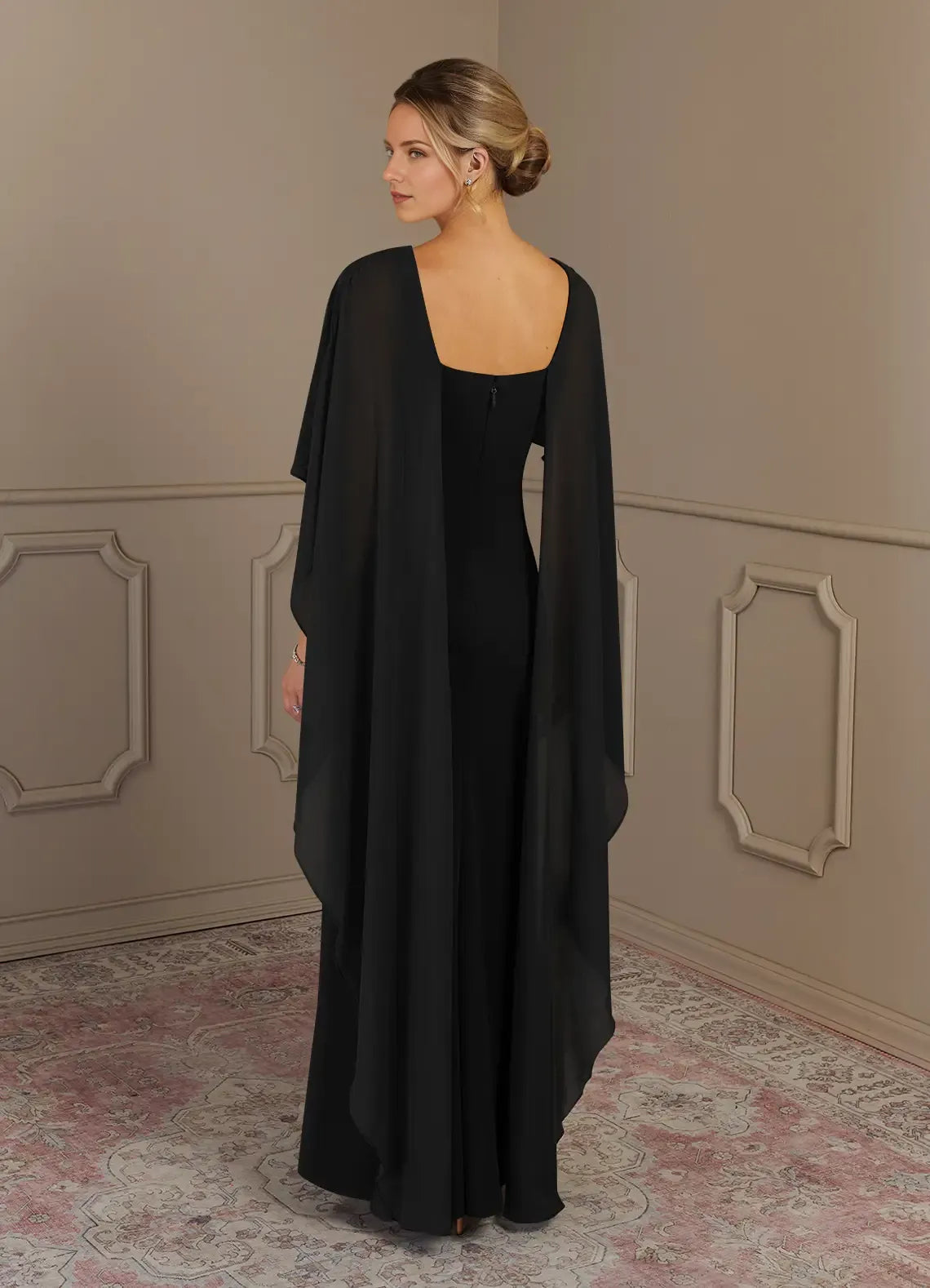 Black Sheath Scoop Neck Cape Sleeve Back Zip Floor-Length Mother of the Bride Dress
