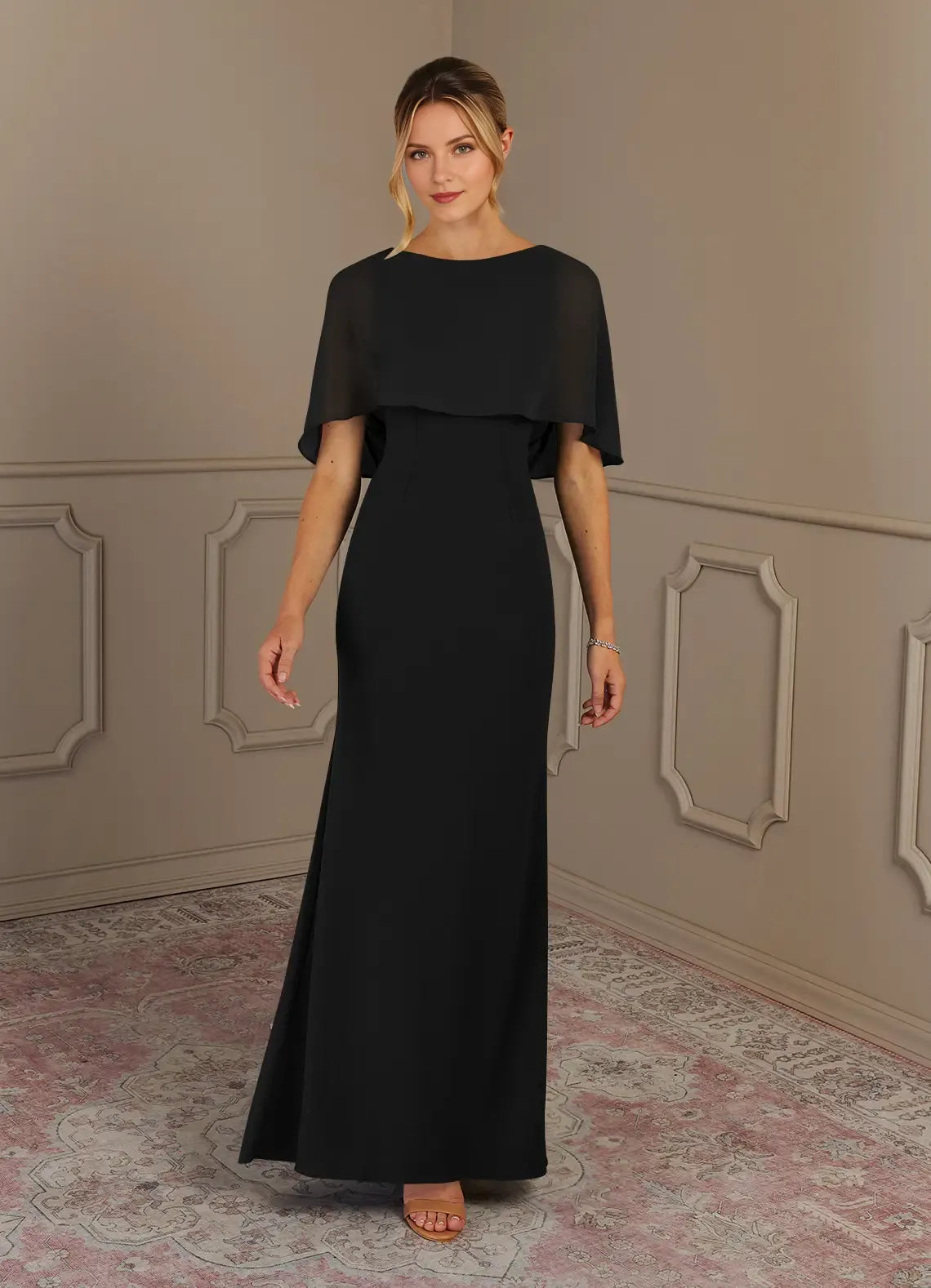 Black Sheath Scoop Neck Cape Sleeve Back Zip Floor-Length Mother of the Bride Dress