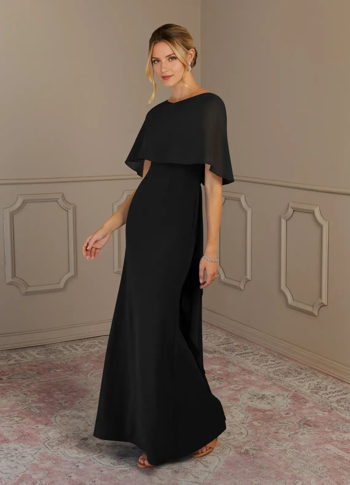 Black Sheath Scoop Neck Cape Sleeve Back Zip Floor-Length Mother of the Bride Dress