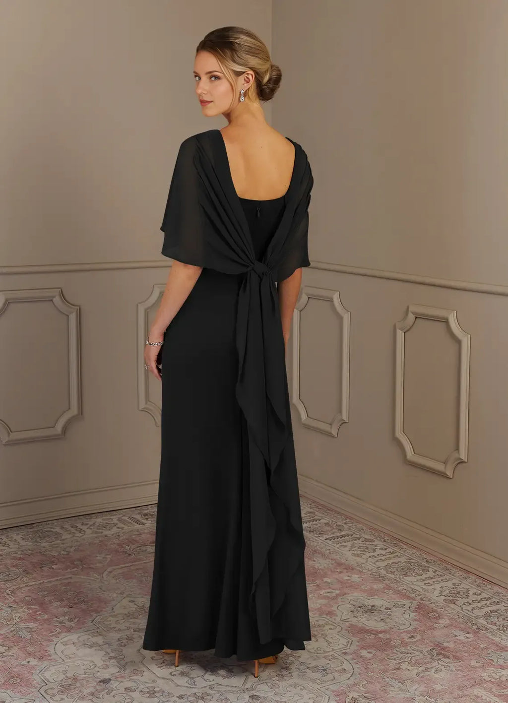 Black Sheath Scoop Neck Cape Sleeve Back Zip Floor-Length Mother of the Bride Dress