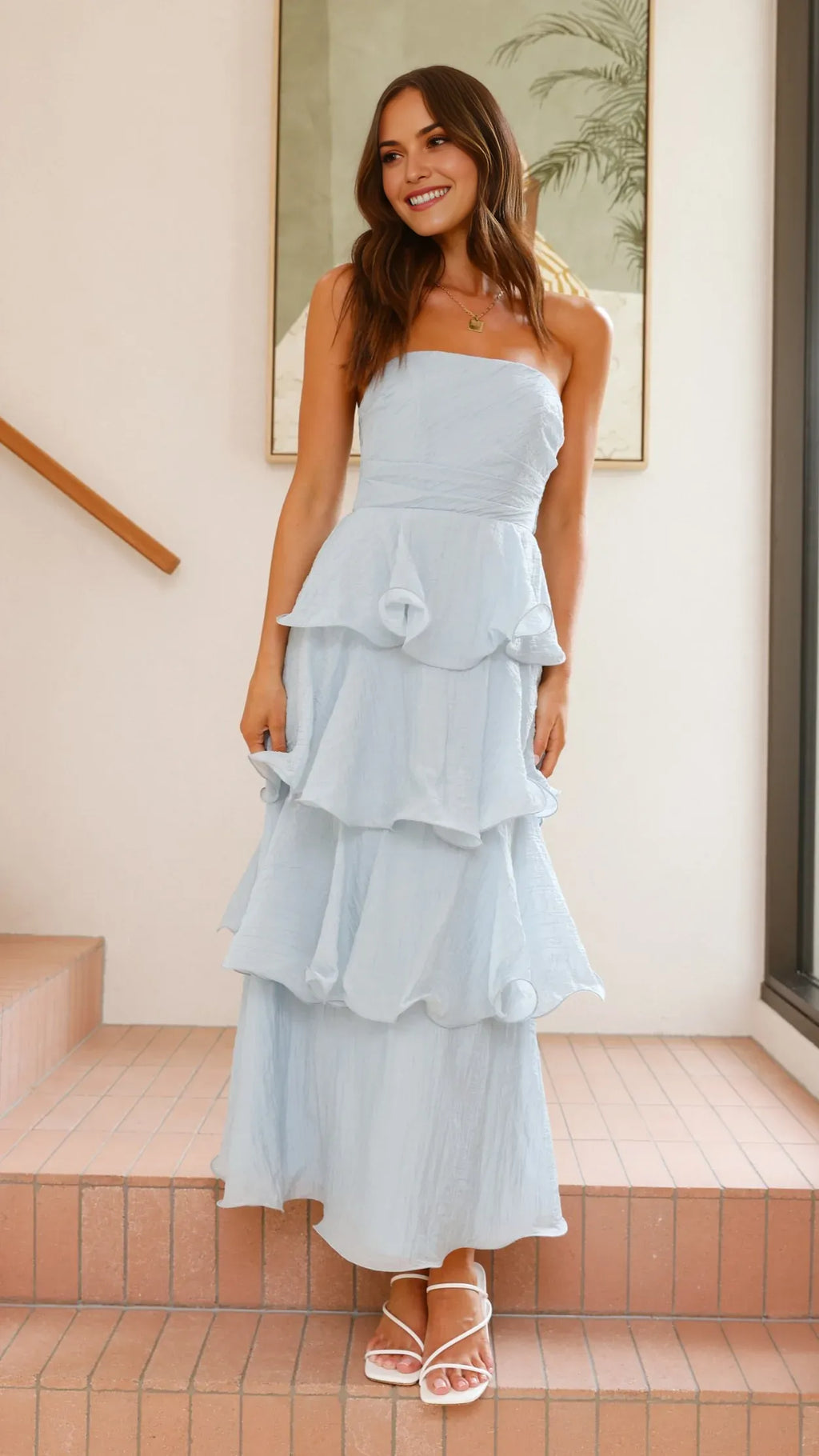 Blue A-Line Strapless Sleeveless Ruffled Tiered Open Back Back Zip Ankle-Length Prom Dresses