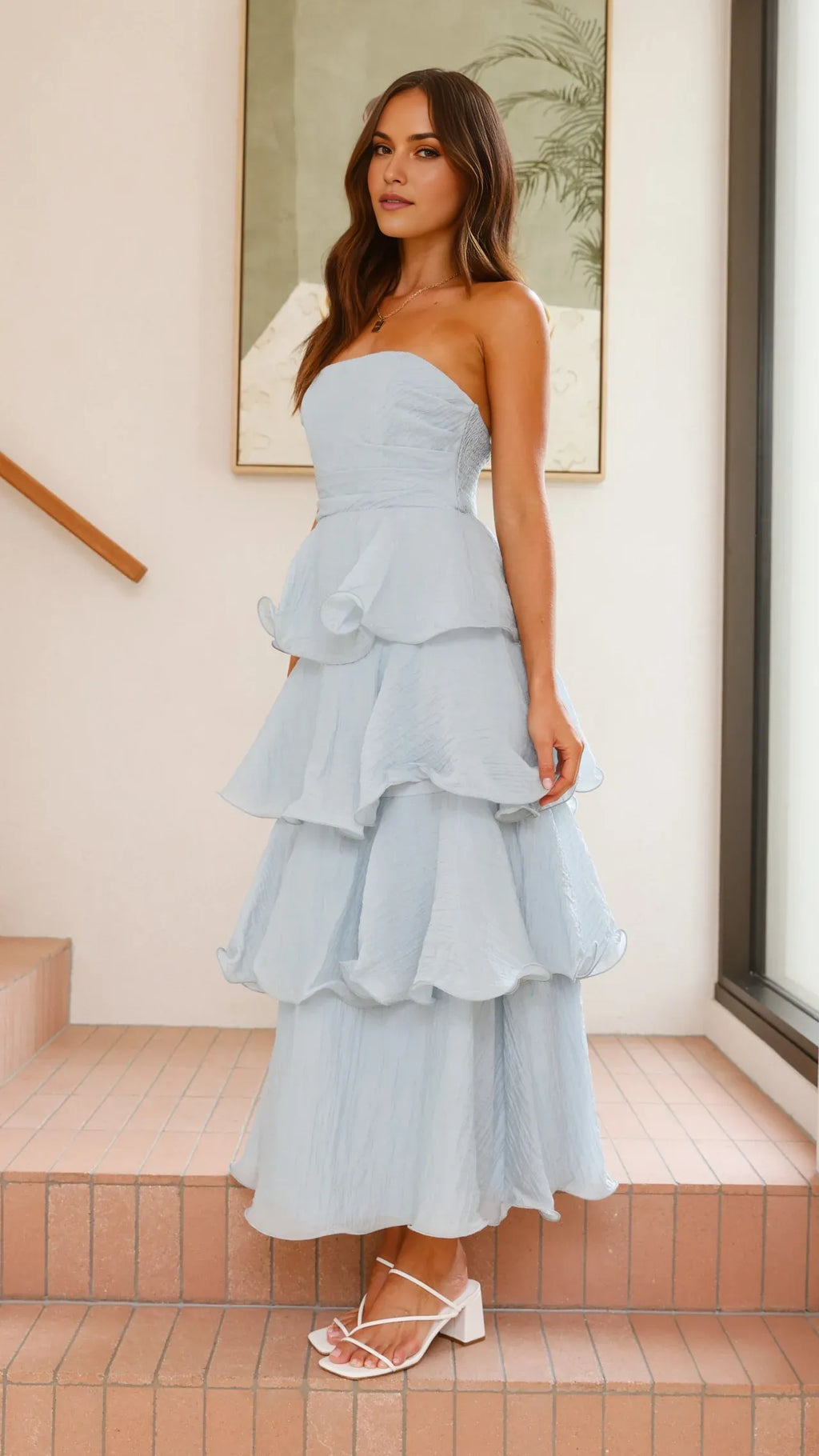 Blue A-Line Strapless Sleeveless Ruffled Tiered Open Back Back Zip Ankle-Length Prom Dresses