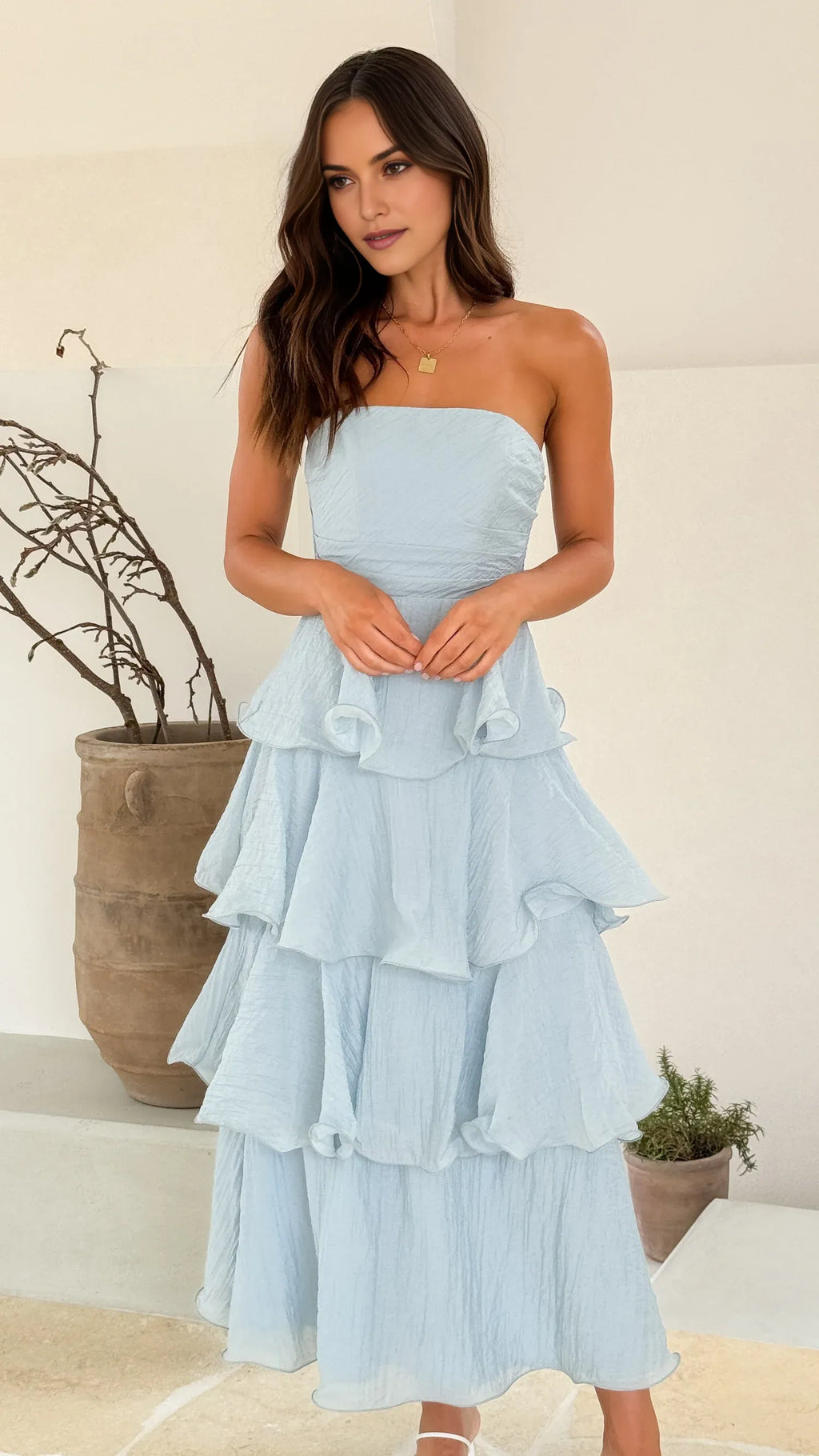 Blue A-Line Strapless Sleeveless Ruffled Tiered Open Back Back Zip Ankle-Length Prom Dresses