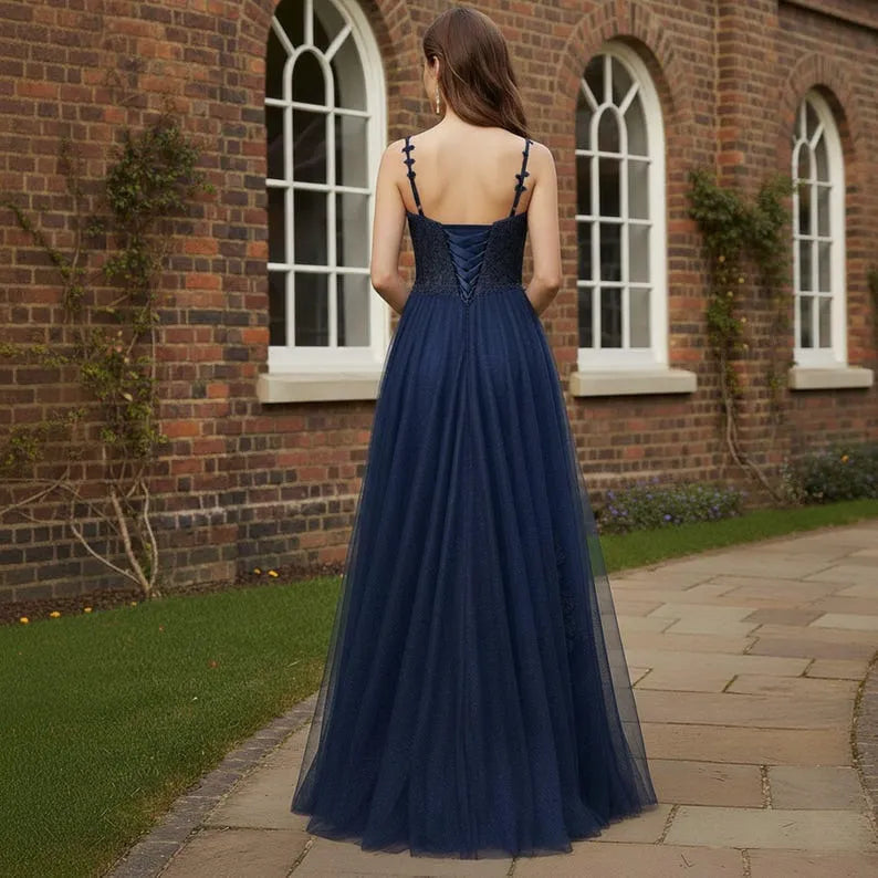 Blue A-Line V Neck Spaghetti Strap Up Floor-Length Prom Dress