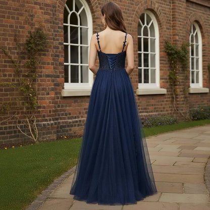 Elegant Red Applique A-Line V-Neck Sleeveless Lace-Up-Back Floor-Length Prom Dress