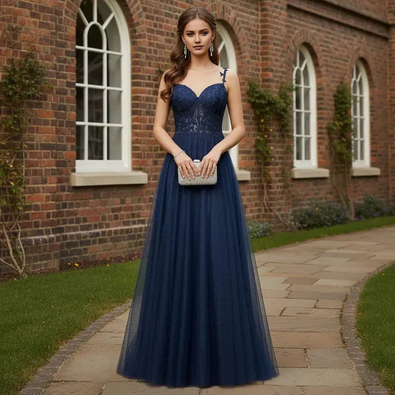 Blue A-Line V Neck Spaghetti Strap Up Floor-Length Prom Dress