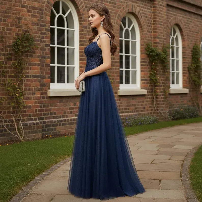 Blue A-Line V Neck Spaghetti Strap Up Floor-Length Prom Dress