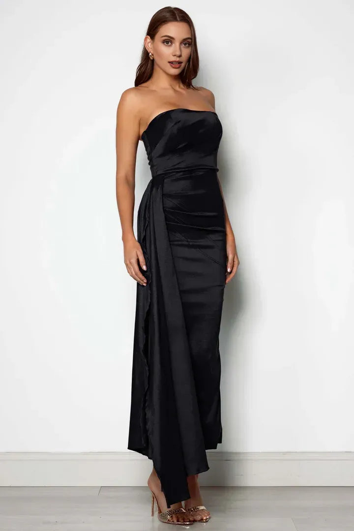 Special Occasion Sophisticated Graceful Elegant Burgundy Satin Bodycon Strapless Sleeveless Floor-Length Prom Dress