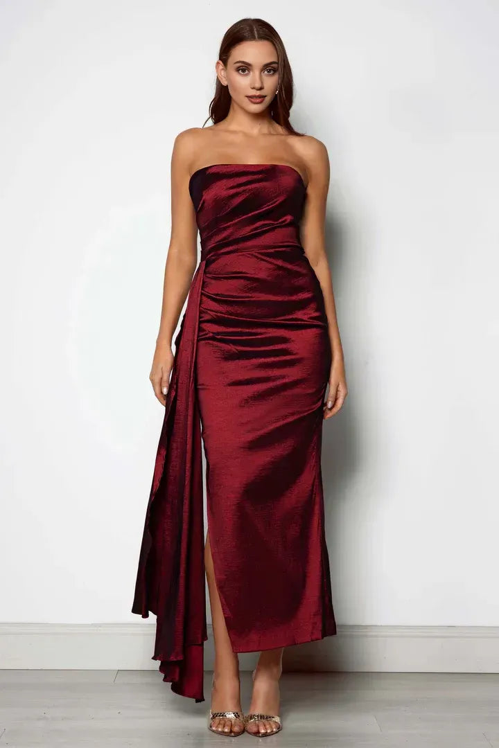 Special Occasion Sophisticated Graceful Elegant Burgundy Satin Bodycon Strapless Sleeveless Floor-Length Prom Dress