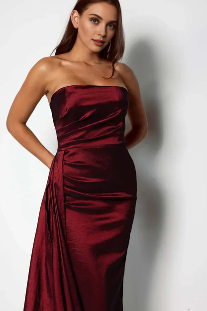 Special Occasion Sophisticated Graceful Elegant Burgundy Satin Bodycon Strapless Sleeveless Floor-Length Prom Dress