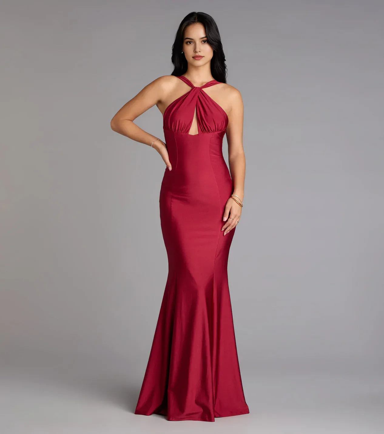Burgundy Halter cutout neckline Neck Keyhole Mermaid Maxi Dress Prom Dress