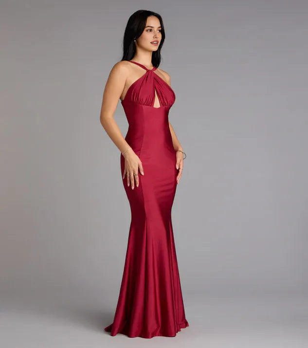 Burgundy Halter cutout neckline Neck Keyhole Mermaid Maxi Dress Prom Dress