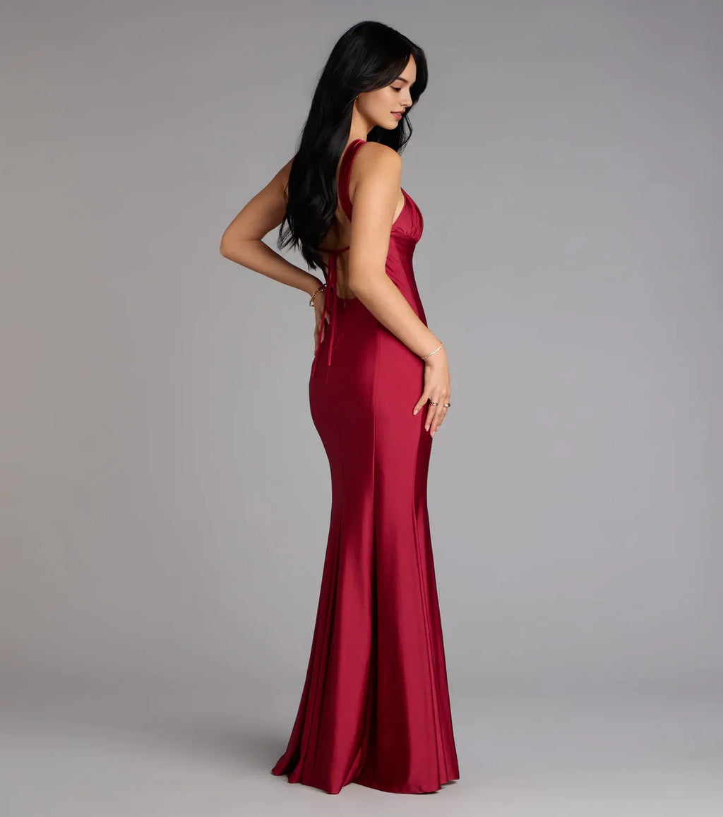 Burgundy Halter cutout neckline Neck Keyhole Mermaid Maxi Dress Prom Dress