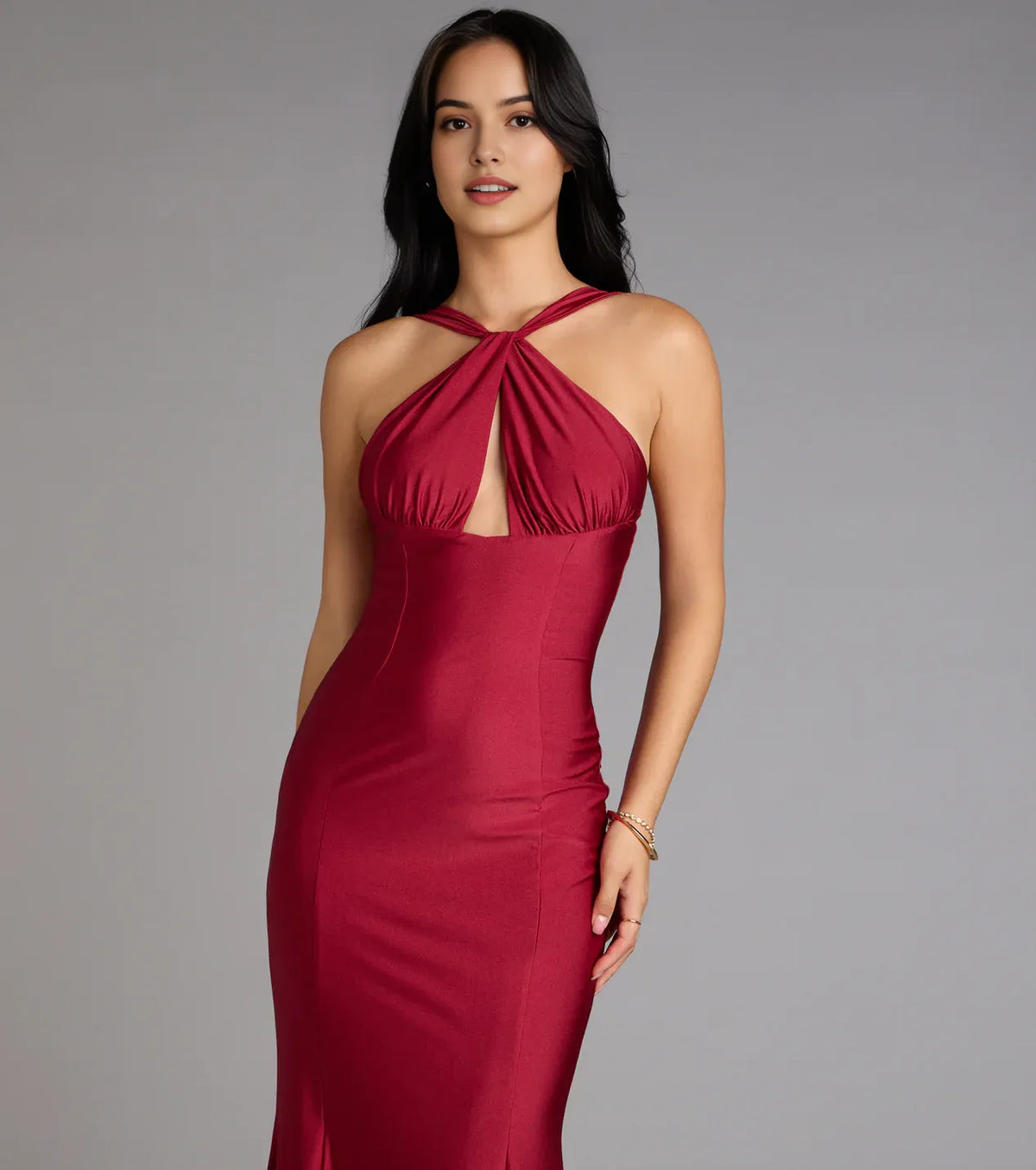 Burgundy Halter cutout neckline Neck Keyhole Mermaid Maxi Dress Prom Dress