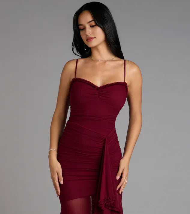 Burgundy Ruched Mermaid Spaghetti Strap Maxi Dress with Ruffled Prom Dress Side Leg Slit