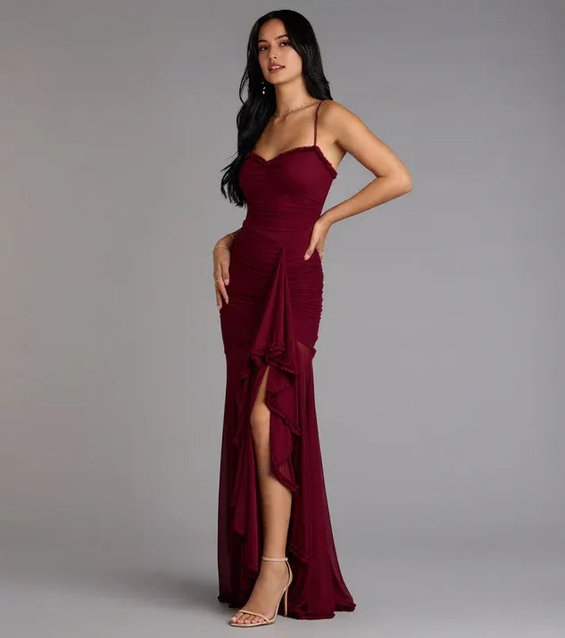 Burgundy Ruched Mermaid Spaghetti Strap Maxi Dress with Ruffled Prom Dress Side Leg Slit